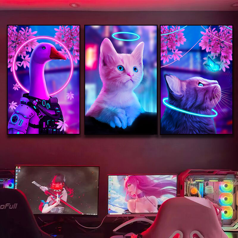 猫咪发光LED灯挂画科幻猫猫狗狗电竞房装饰画蜥蜴动物酒吧KTV壁画图片