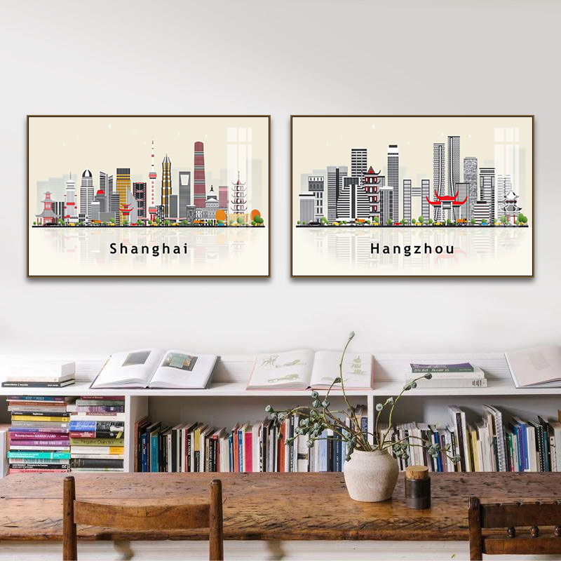 中国旅游城市建筑景点插画挂画现代简约风客厅沙发背景墙装饰画图片