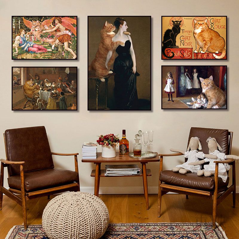 世界名画挂画卧室客厅背景墙蒙娜丽莎装饰画小众恶搞艺术橘猫壁画图片