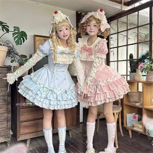 条纹千层Lolita心动玩偶洋装黑粉甜lo蛋糕裙Lolita古早蝴蝶