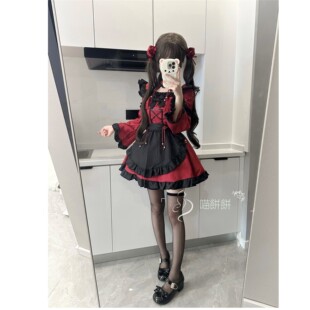 喵饼饼：万圣节女仆装暗黑系哥特风小恶魔黑红长袖洛丽塔连衣裙