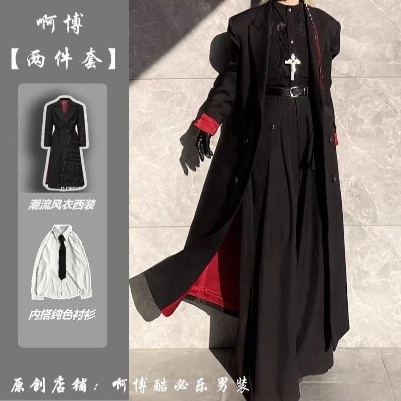 黑色红底教父大衣男春季韩版英伦风衣长款垫肩收腰戗驳领西装外套