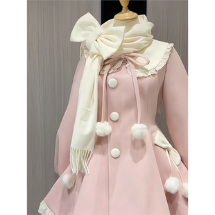 甜美秋冬蝴蝶结毛呢连衣裙围巾外套小个子少女可爱2025公主风套装