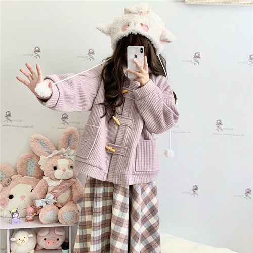 「谜兔少女」原创jk软妹牛角扣加棉加厚秋冬外套宽松甜美