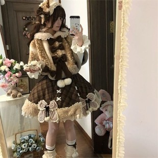 打底三件套 毛茸茸斗篷花边长袖 棕色系洛丽塔小熊背带裙女冬季 新款