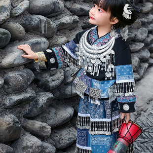 儿童苗族民族服装 女童棉质亲肤蜡染演出服 六一儿童节穿搭