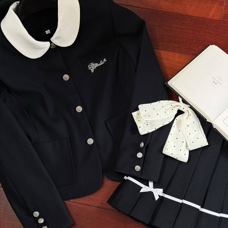 椿岛森原创【小椿茶】西装学院风jk制服四粒扣小香风西服长裙套装