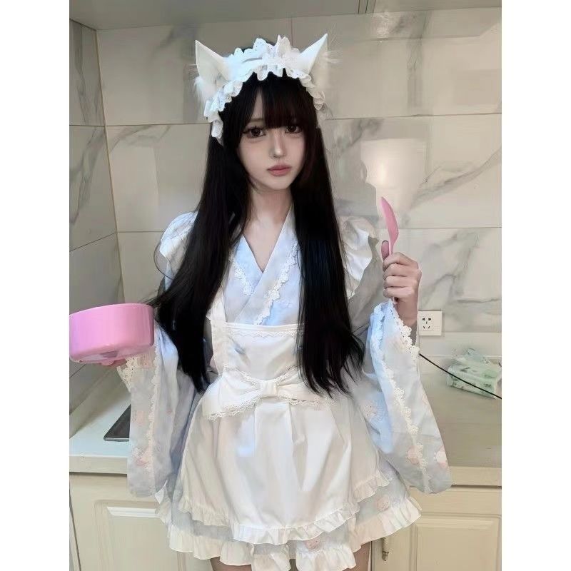 甜美可爱少女小清新洛丽塔印花女仆连衣裙荷叶边蝴蝶结围裙套装夏