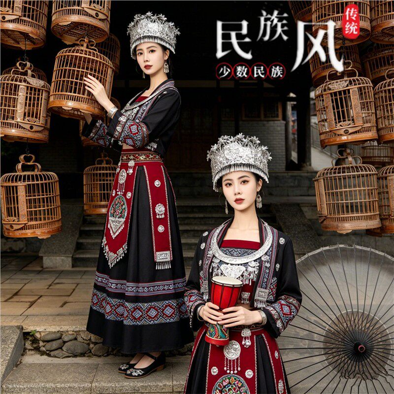 新款苗疆少女苗服套装重工银饰头饰项圈苗寨夜景旅拍写真民族服装