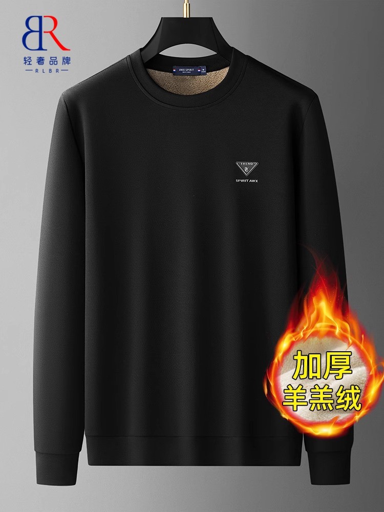 RLBR羊羔绒长袖男冬季加绒加厚保暖男士卫衣爸爸装宽松圆领打底衫