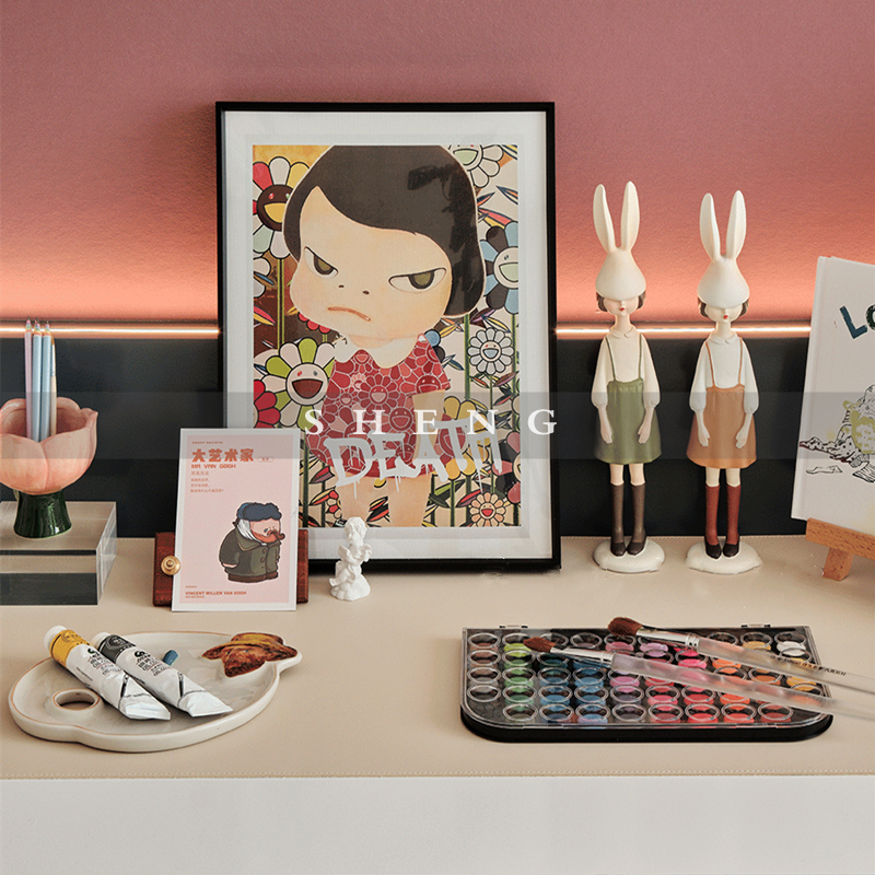 现代样板间售楼处儿童房女孩房书桌摆件组合颜料笔筒绘画主题装饰