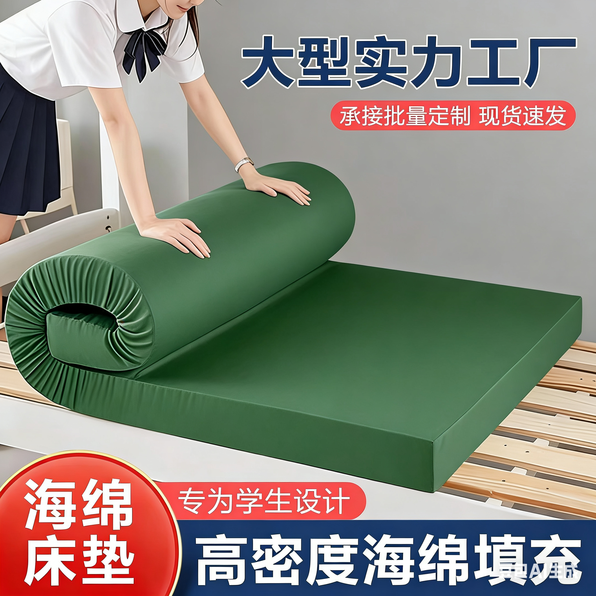 军绿色内务制式加厚单双人海绵床垫软硬垫铺底学生宿舍军训垫褥子 - 实物图