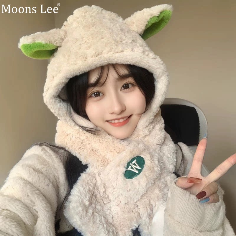 小羊耳朵帽子围巾一体女连帽围脖