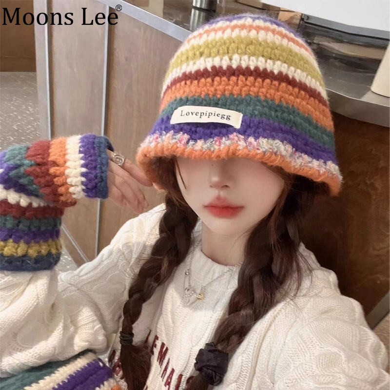 MoonsLee韩版复古手工钩花彩色毛线帽女新款保暖针织手套甜酷帽子