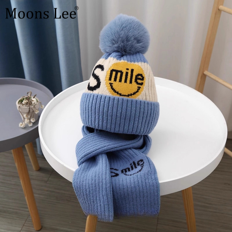 MoonsLee男女童冬季帽子围巾套装保暖加绒内里毛线帽学生两件套帽