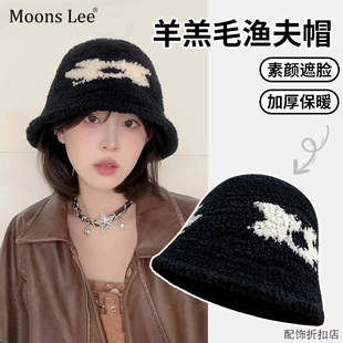 MoonsLee羊羔毛渔夫帽子女秋冬季大头围保暖防寒毛绒显脸小水桶帽