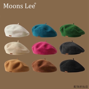 MoonsLee石原里美同款蓓蕾帽皮标毛呢贝雷帽秋冬保暖羊绒画家帽子