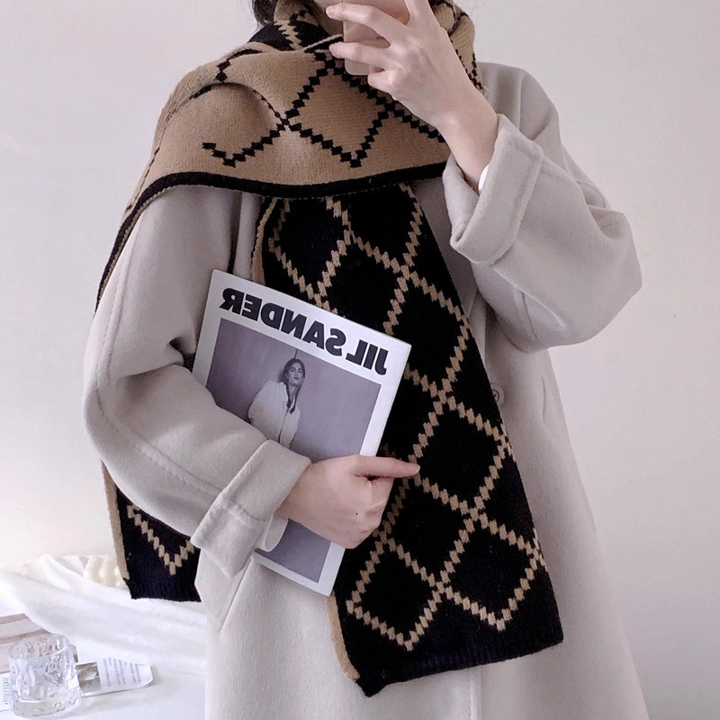 菱形格子围巾女季2025新款冬仿羊绒毛线韩系氛围感护颈保暖围脖男