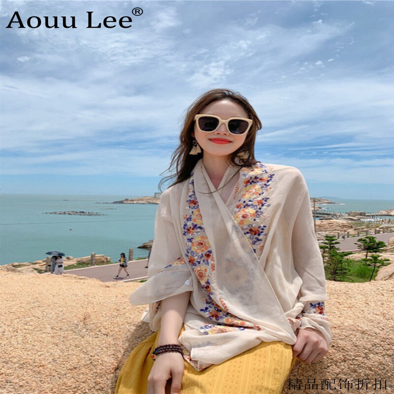 夏季刺绣民族风女长款海边丝巾