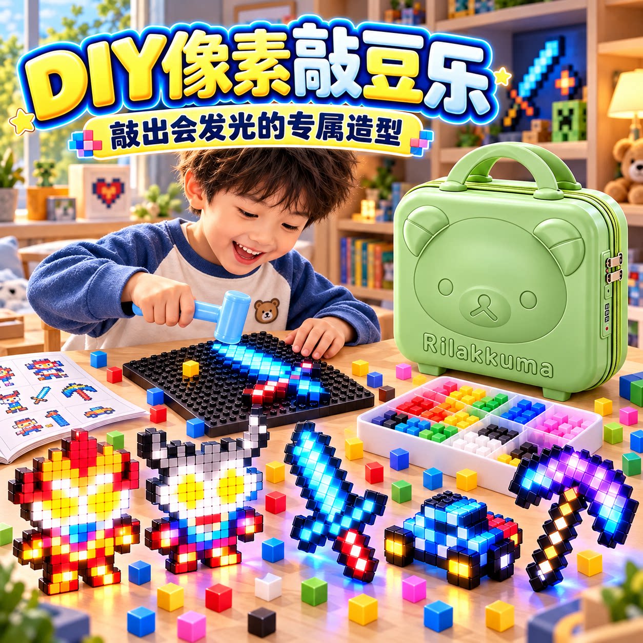 我的世界敲豆豆玩具男生夜光拼豆套装男孩儿童手工diy模板敲敲乐