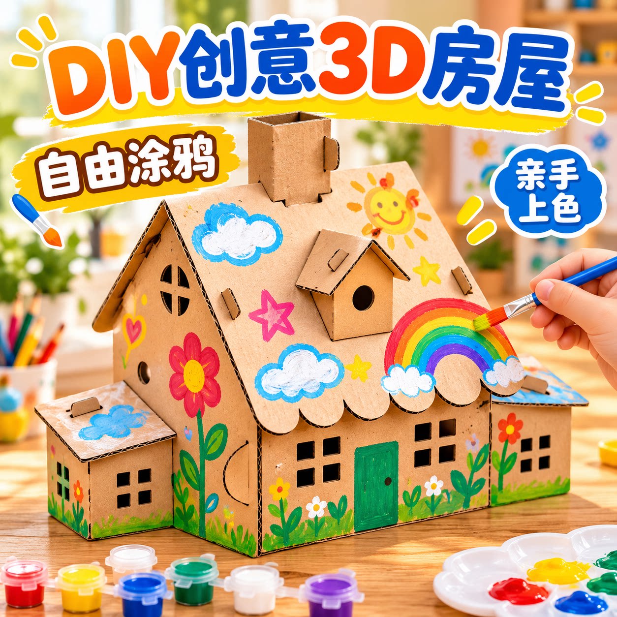 儿童手工房子材料包二年级科学作业纸板小屋模型diy大别墅半成品