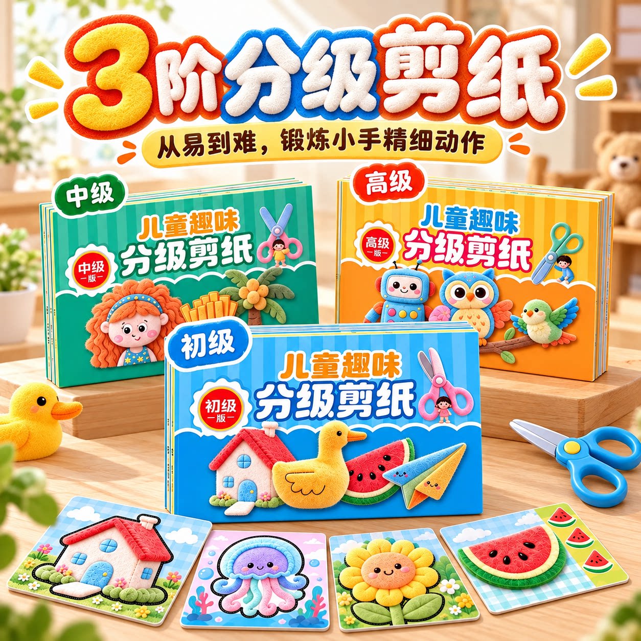 3D毛绒趣味分级剪纸儿童手工幼儿园3-6岁手工制作启蒙玩具diy贴画