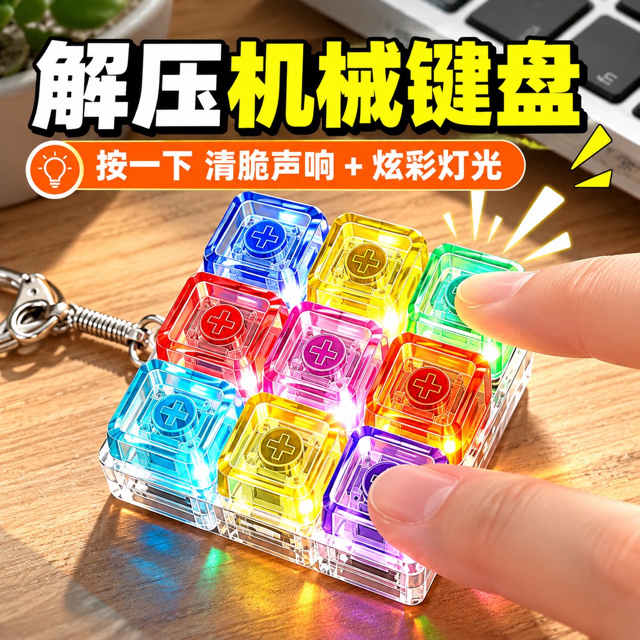 机械键盘指尖按压解压发光玩具神奇九键挂件饰品钥匙扣挂件按按乐