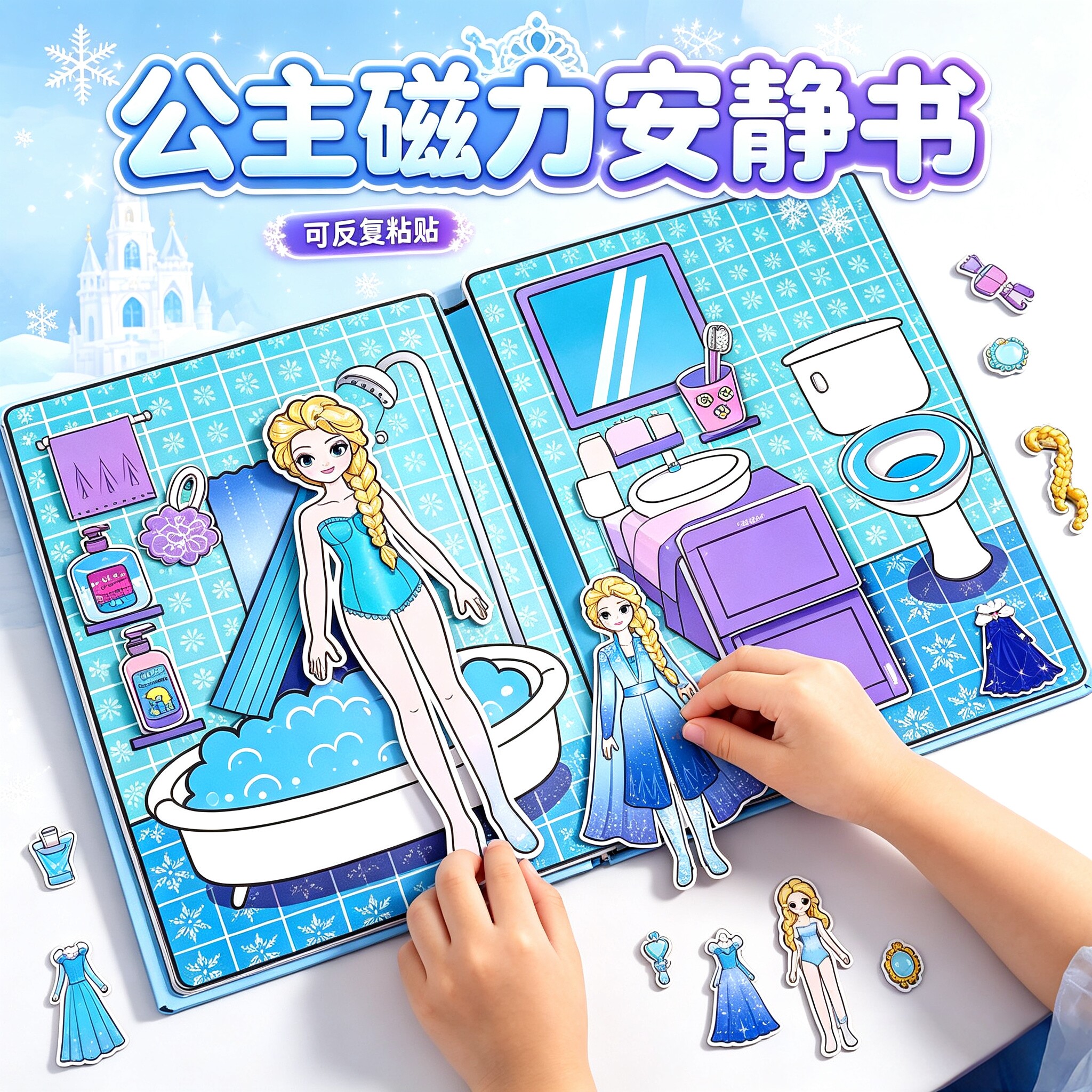 爱莎艾莎公主磁力安静书新款女孩免裁剪冰雪奇缘换装贴纸本3d立体人物场景磁吸磁铁贴画大号diy手工儿童玩具图片