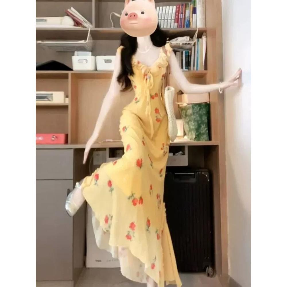 度假风裙子收腰显瘦鱼尾长裙黄色荷叶边v领碎花连衣裙女夏季海边