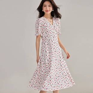 小樱桃碎花收腰V领显瘦甜美中长雪纺长款 25清仓新法式 连衣裙22330