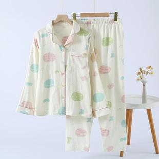 新款 简约全棉三层纱布睡衣女春秋冬季 纯棉长袖 可外穿家居服套装