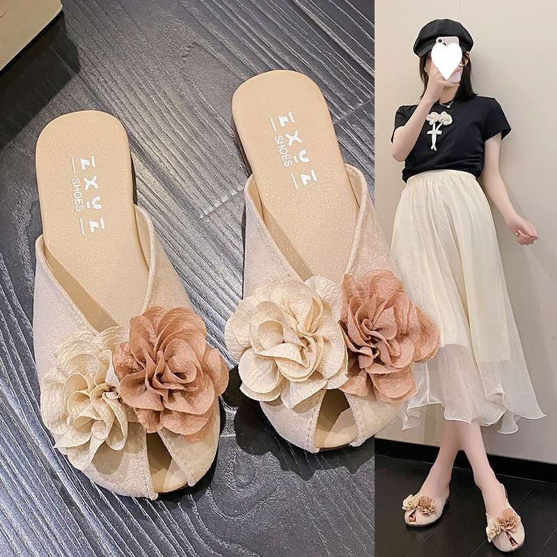 夏天外穿绝美拖鞋仙女夏日外出包头凉拖鞋玛丽珍平底花朵晚风半拖