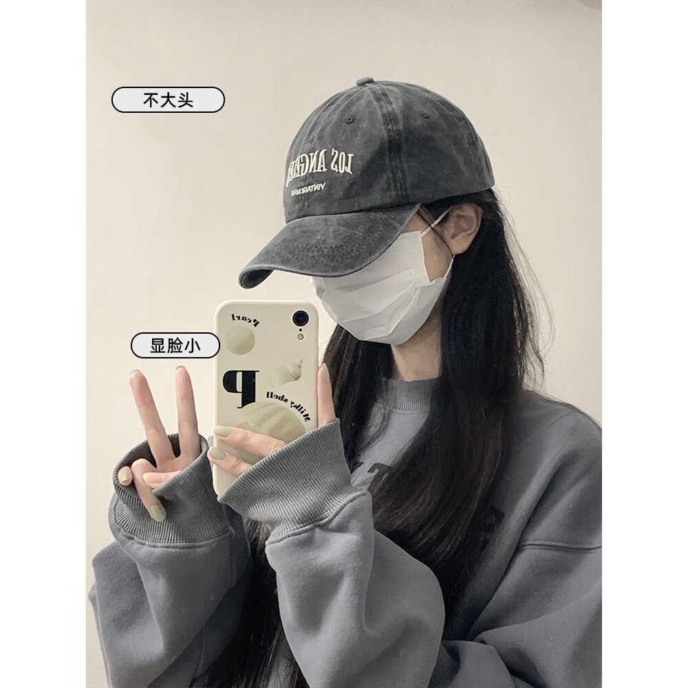 ins复古灰色棒球帽子女款夏季美式水洗大头围潮百搭显脸小鸭舌帽
