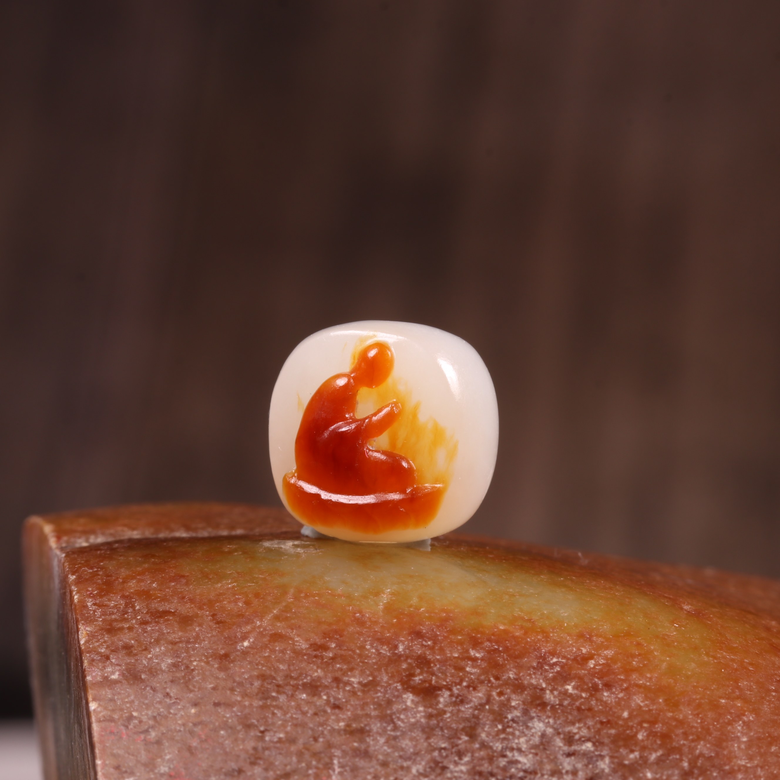 12mm新疆和田玉籽料悟道和田玉佛像雕刻吊坠白色红沁圆珠颈饰挂件