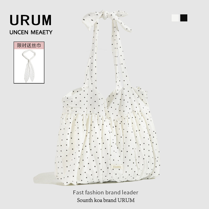 URUM春夏可爱波点休闲蕾丝2025新款大容量厚实帆布通勤单肩腋下包