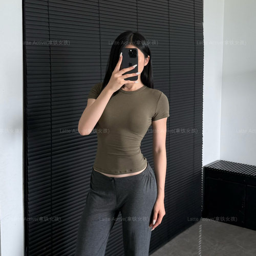 拿铁女孩瑜伽服T恤紧身短袖短款短袖纯色内搭夏季显瘦圆领
