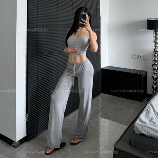 拿铁女孩薄款显瘦休闲裤宽松直筒阔腿裤宽松健身裤长裤抽绳运动