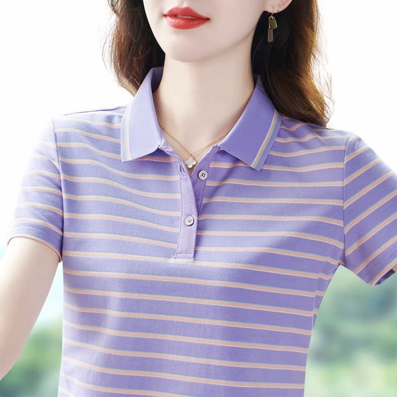 纯棉条纹短袖t恤女polo衫夏季
