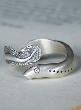 日本coss koko银复古做旧精雕鳗鱼开口调节戒指环小众设计