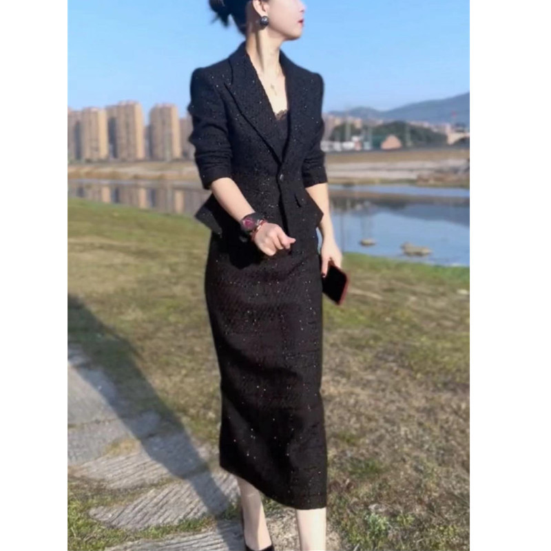 coss koko春季新款时尚翻领收腰西服外套高腰半身裙套装