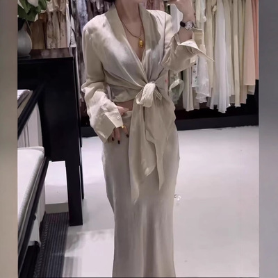 日系cherrykoko25016婕妤秀春夏季交叉绑带v领长袖高腰百搭鱼尾