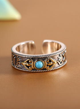 日本coss koko中国风银复古精工松石金刚杵戒指开口男女通用六字