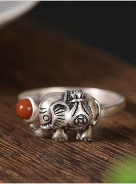 日本coss koko银镶南红碧玉小象戒指 复古做旧吉象开口指环女款