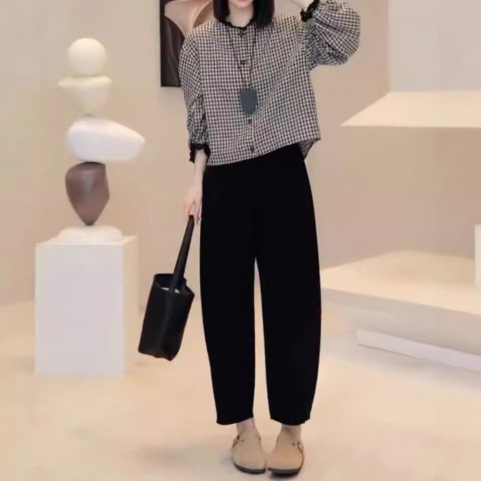日本coss koko秋季新款宽松减龄格子衬衫高腰休闲阔腿裤女
