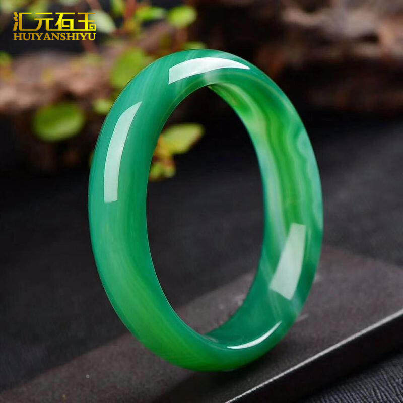 国风馆天然冰种帝王绿玉髓手镯巴西缠丝玛瑙花纹玉镯子