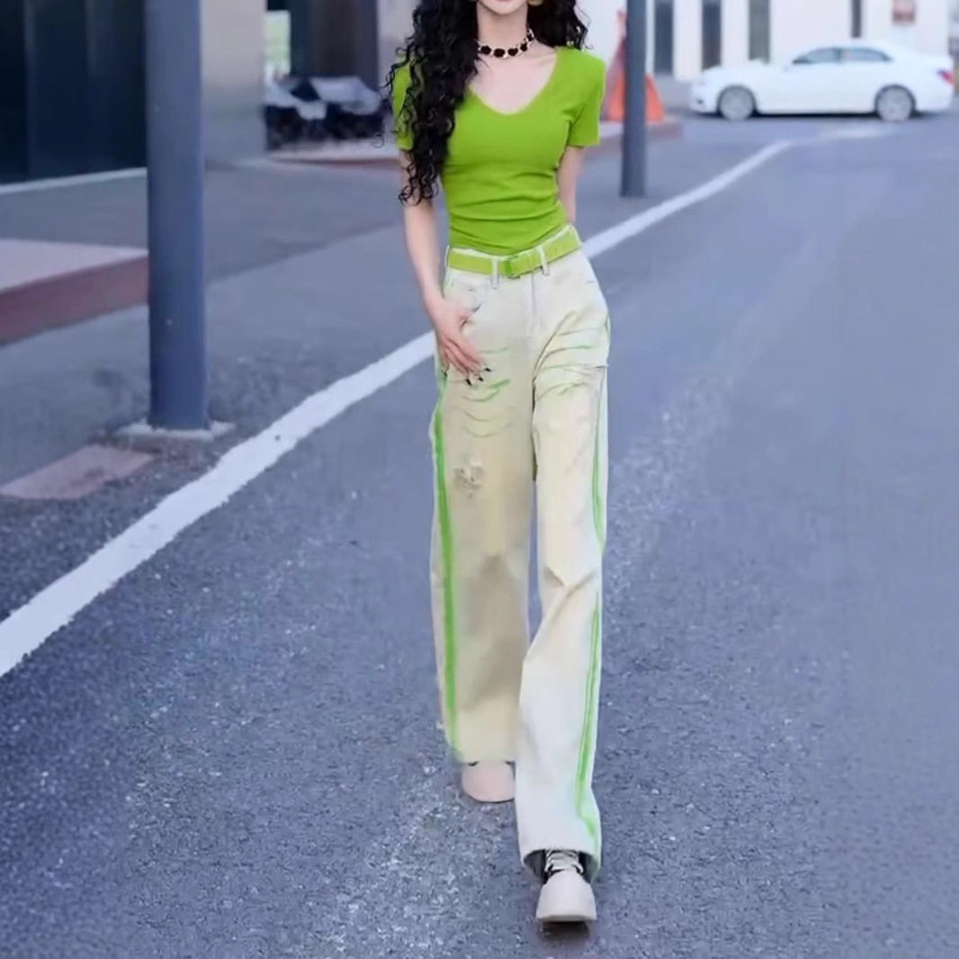 coss koko夏季新款修身v领短袖t恤直筒阔腿休闲裤子女