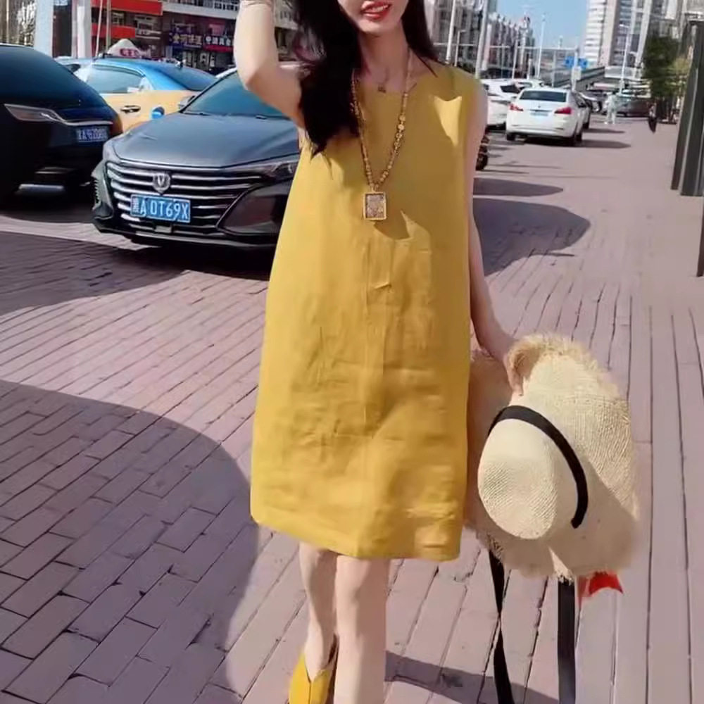 日本coss koko夏季新款黄色无袖连衣裙胖mm遮肚显瘦女