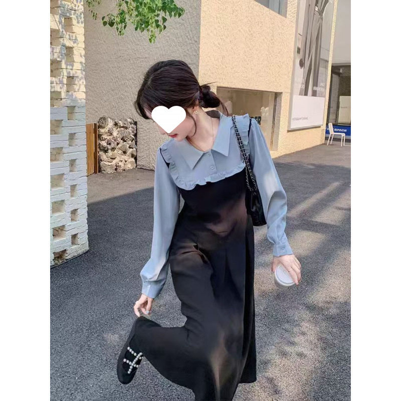 日系cherrykoko大码法式气质假两件撞色衬衫裙女秋冬收腰显瘦