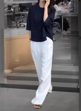 coss koko夏季新款简约圆领七分袖衬衫宽松阔腿长裤女
