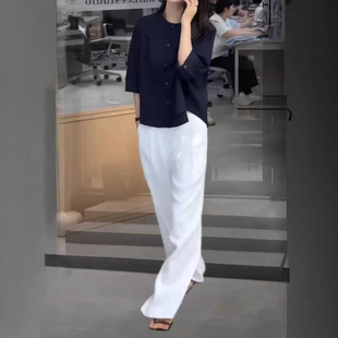 koko夏季 宽松阔腿长裤 新款 衬衫 女 简约圆领七分袖 coss